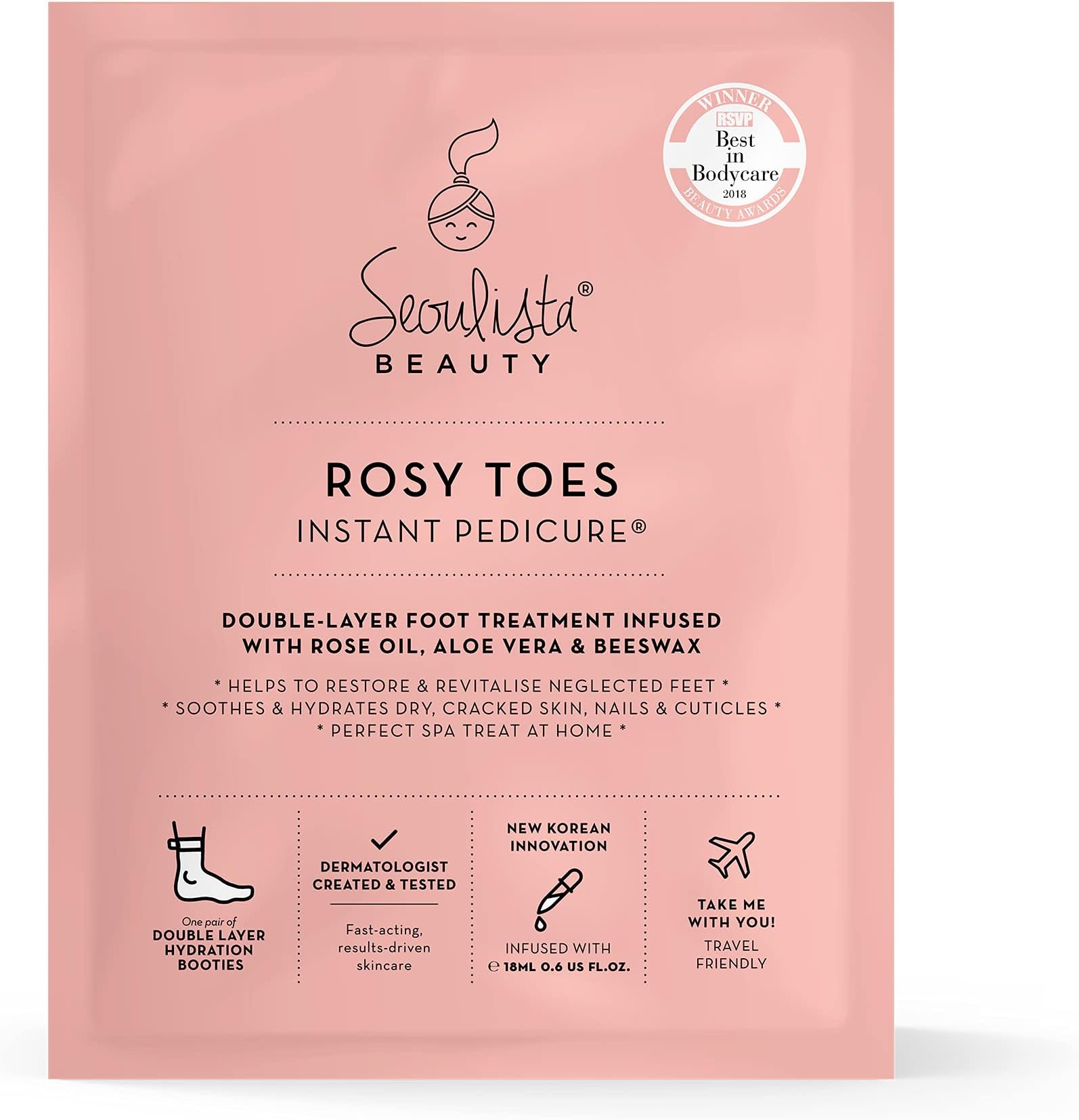 Seoulista Beauty® Rosy Toes Instant Pedicure™ – At Home Foot Mask Treatment - Award Winning - Soothes & Hydrates Dry, ed Feet – Infused with Rose Oil, Aloe Vera & Beeswax – 18ml