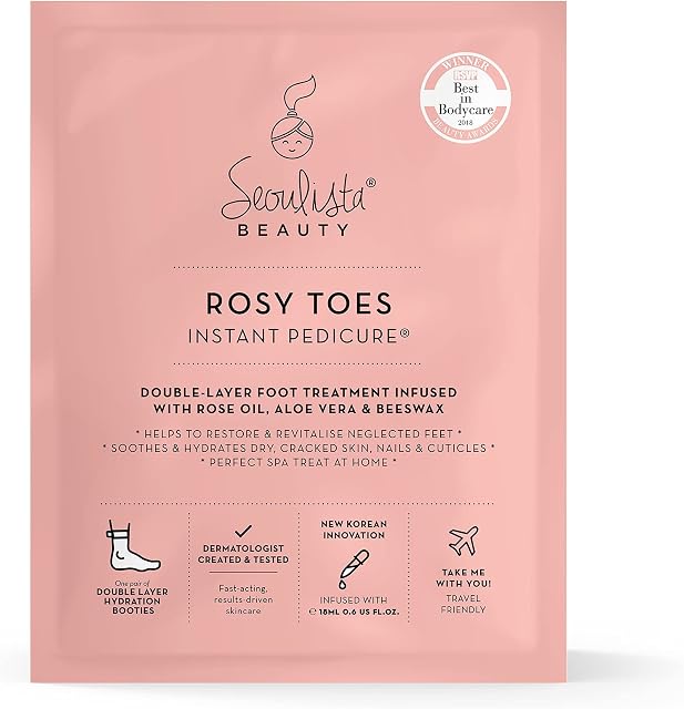 Seoulista Beauty Rosy Toes Instant Pedicure  At Home Foot Mask Treatment  Soothe and Hydrate Dry, Cracked Skin  Revitalise Neglected Feet With Rose Oil, Aloe Vera and Beeswax  Award Winning
