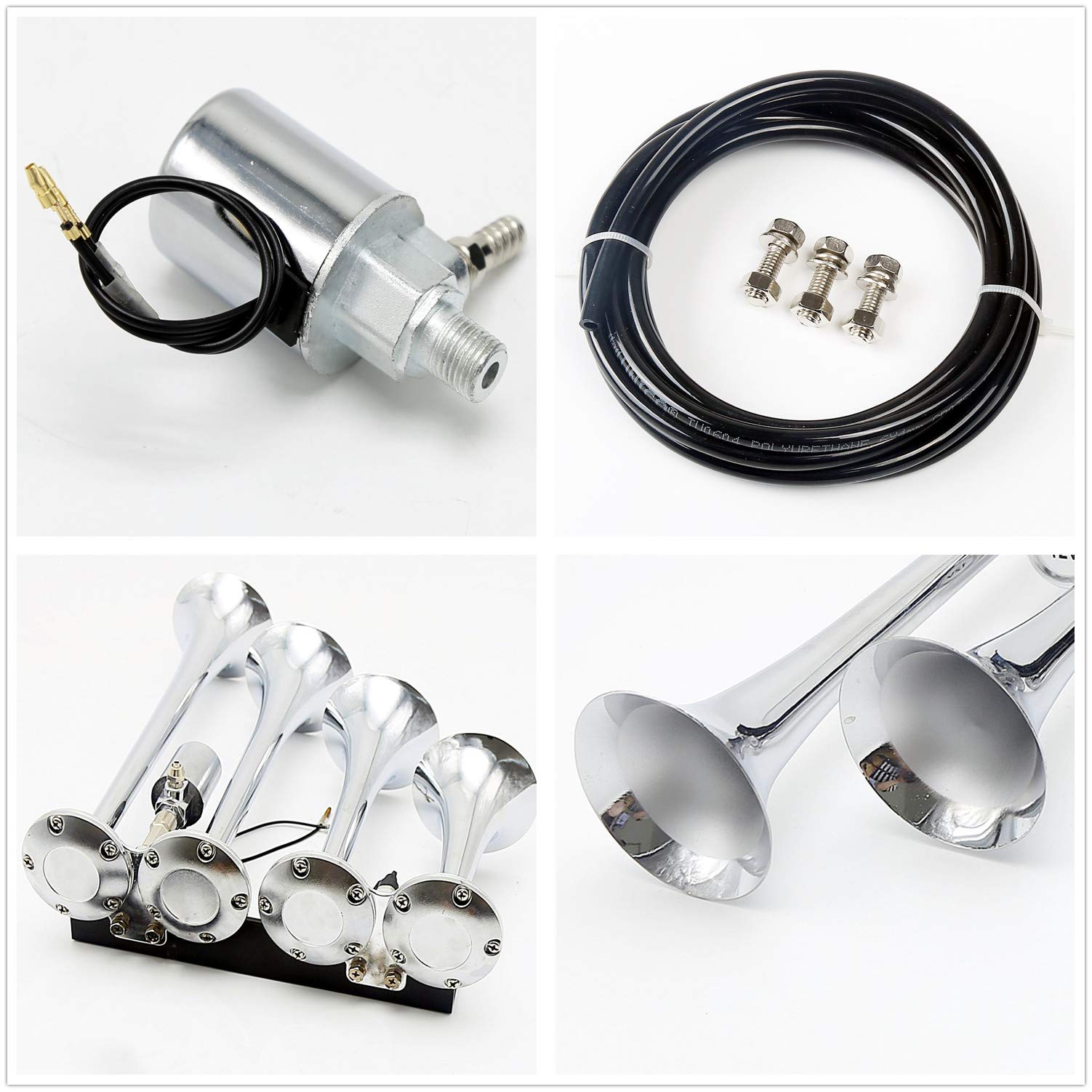 auto Avvisatore acustico per clacson a solenoide Tromba d'aria Impermeabile Fischio a quattro tubi Argento 12V175DB La valvola elettromagnetica qualsiasi veicolo camion Treni Barche Lorrys Vans