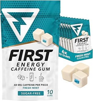 First Energy Caffeine Gum – Sugar-Free, Swift-Acting Energy & Focus Gum – Caffeinated Chew for Sports, Study, Work, & Driving – Gym & Run Performance Booster – Fresh Mint Flavor, 6 Packs of 10 Pieces