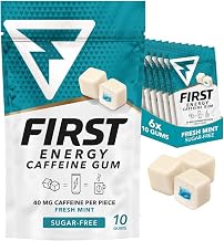 First Energy Caffeine Gum Sugar-Free, Fast-Acting Focus & Energy Gum Booster, Ideal for Sports, Work, Study, Drive & On-The-Go Alertness, Fresh Mint Flavor Chewing Gum, 6 Pack of 10 Pieces