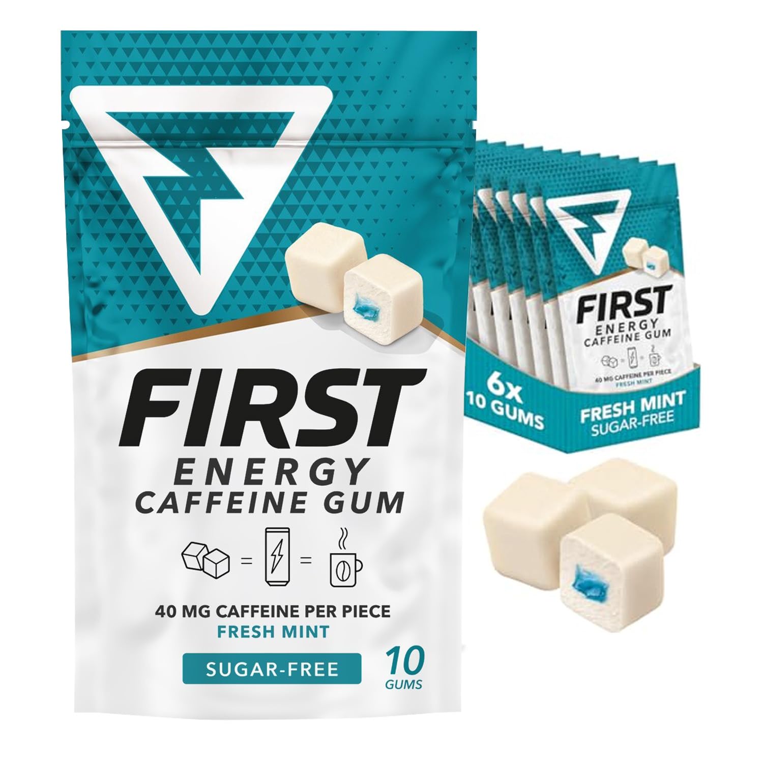 First Energy Caffeine Gum Sugar-Free, Fast-Acting Focus & Energy Gum Booster, Ideal for Sports, Work, Study, Drive & On-The-Go Alertness, Fresh Mint Flavor Chewing Gum, 6 Pack of 10 Pieces