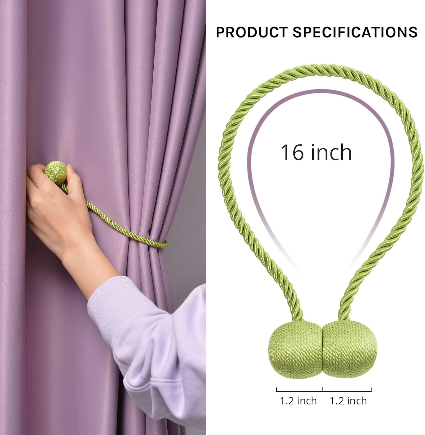 NICEEC 4 Pack Upgrade Magnetic Curtain Tiebacks 16 Inch Handmade Weave Rope Curtain Holdbacks Convenient Decorative Round Curtain Drape Tie Backs for Home & Office Window Drapery (Tender Green)