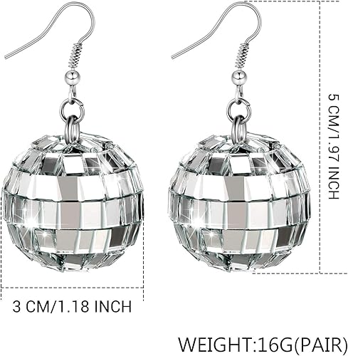 Miniatura 2 de Hicarer 5 pares de aretes de bola de discoteca de 1.181 in de los años 60 y 70 de plata, accesorios de disfraz para mujer, trajes de discoteca de