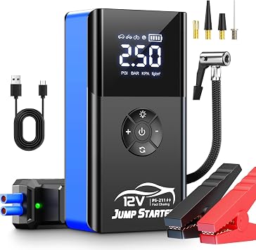 Jump Starter with Air Compressor, 8000A 180PSI, Portable Car Battery Jump Starter All Gas/12L Diesel 12V Automobile Jump Box Pack Chargers with Jumper Cables, 4-Mode LED Lights