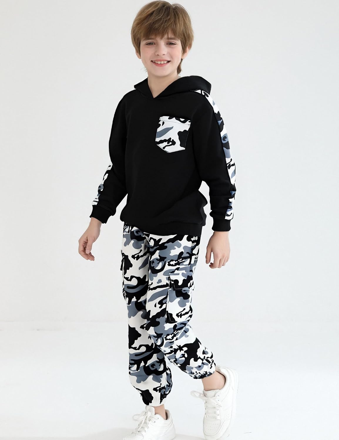 mksodopy Boys Clothes Long Sleeve Hoodie and camouflage cargo pants Boy Outfits for 6-16 Years image 4