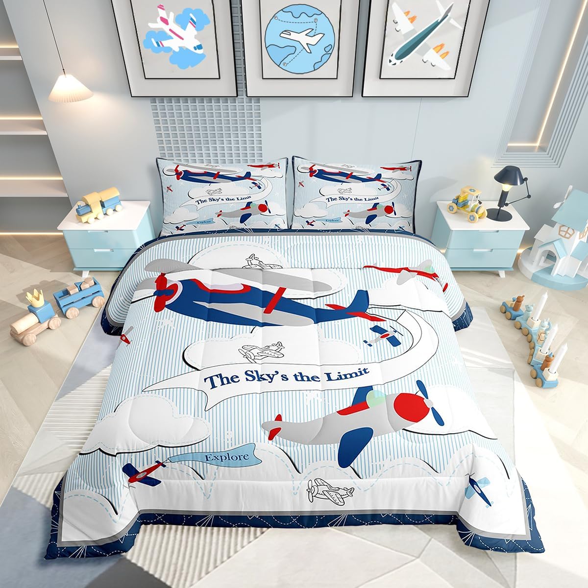 Erosebridal Helicopter Comforter Baby Nursery Toddler Bedding Set for Boys Airplane Twin Bed Comforter Set, Cartoon Aircraft Blue Plane Sketch Lines Duvet Set with 1 Pillowcase