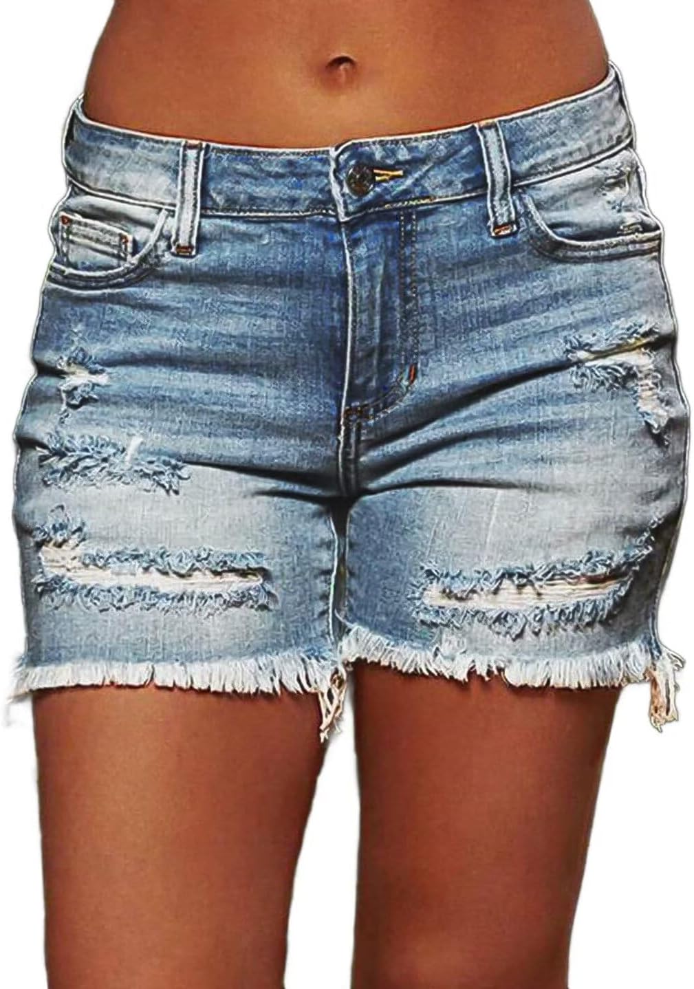 Flamingals Ripped Stretchy Jean Shorts for Women Raw Hem Mid Waist Casual Trendy Denim Shorts