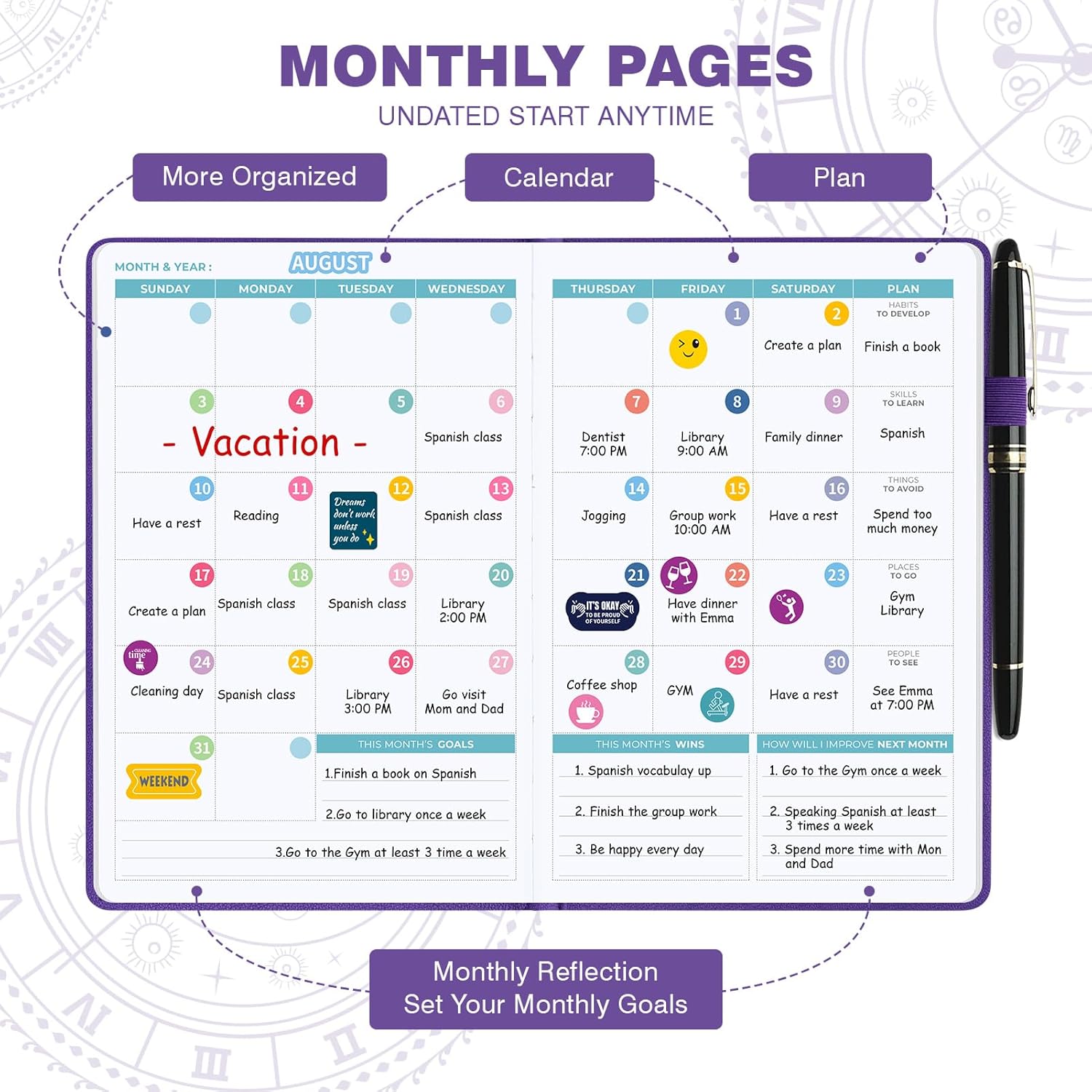 Undated 12 Month Planner Hardcover (5.5x8.5") - Weekly & Monthly Academic Life Organizer, Productivity Journal, Thick Paper, Sticker, Bookmark, Pen Loop(Purple)