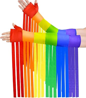 Pride Rainbow Fringe Arm Warmers Rave Accessories LGBT Rainbow Striped Arm Warmers Gay Pride Elbow Long Fingerless Gloves Sleeves for Women Men Ladies Pride Parade Cosplay Party Costume Accessories
