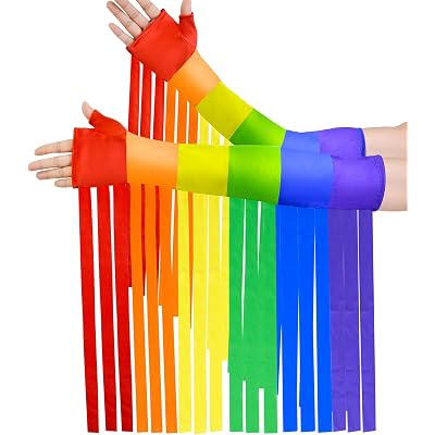 Pride Rainbow Fringe Arm Warmers Rave Accessories LGBT Rainbow Striped Arm Warmers Gay Pride Elbow Long Fingerless Gloves Sleeves for Women Men Ladies Pride Parade Cosplay Party Costume Accessories