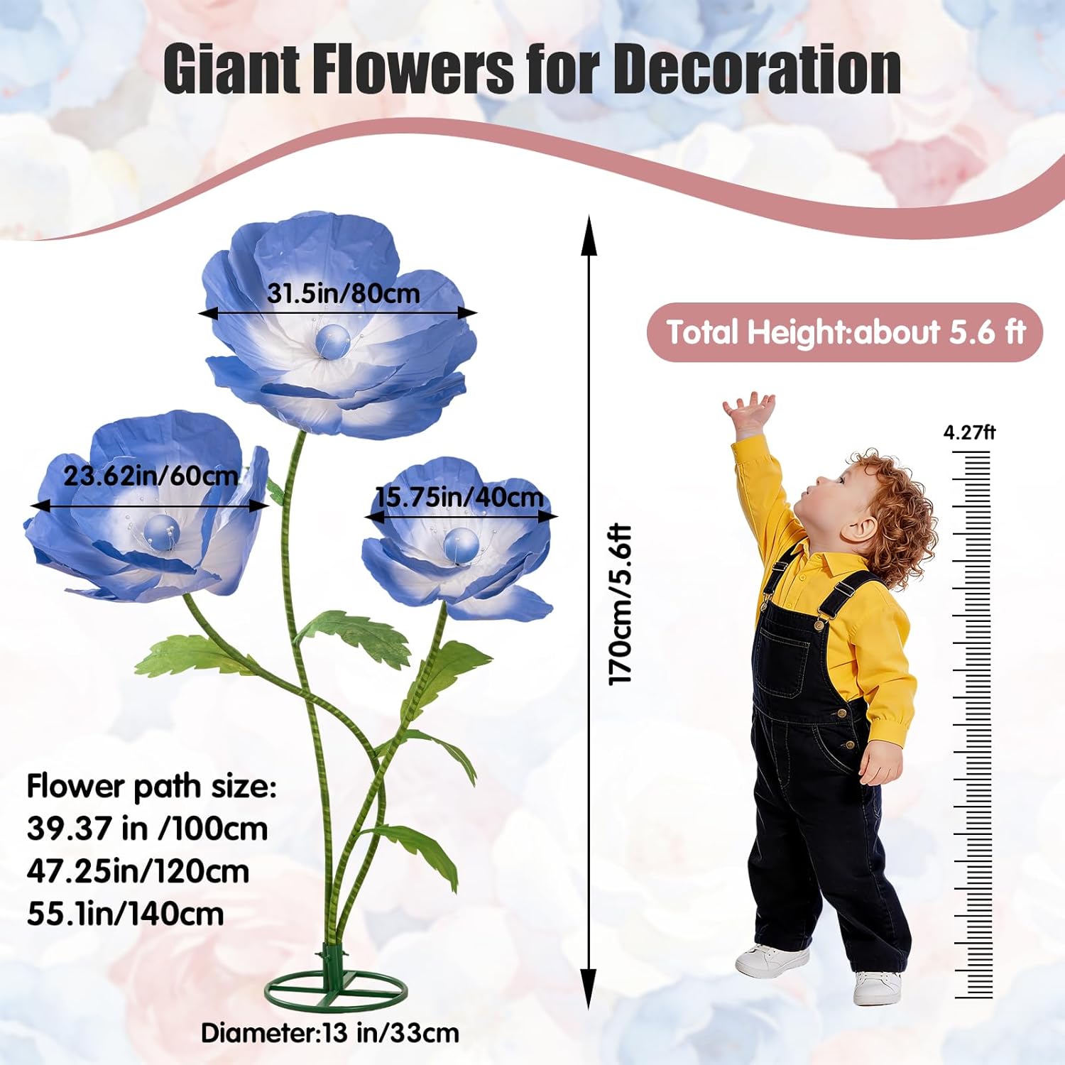 5.6 Ft Large Paper Artificial Flowers – Giant Flowers for Decoration Indoor/Outdoor Handcrafted Poppy Flowers for Garden, Wedding, Hotel, Office, Shop Window, Photography Props,Bule