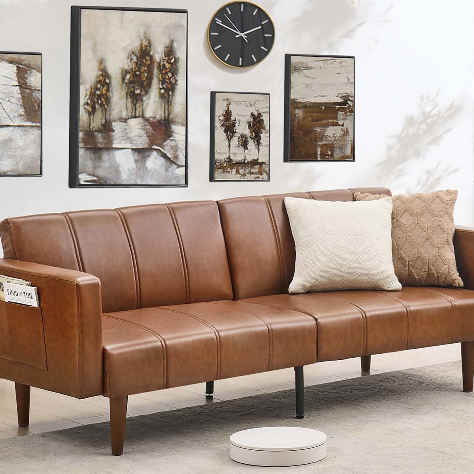 Convertible PU Leather Futon Sofa Bed – 75" Sleeper Couch with Adjustable Backrest, Mid-Century Modern Loveseat, Space-Saving Recliner, Side Pockets, Easy Assembly, Living Room or Guest Room