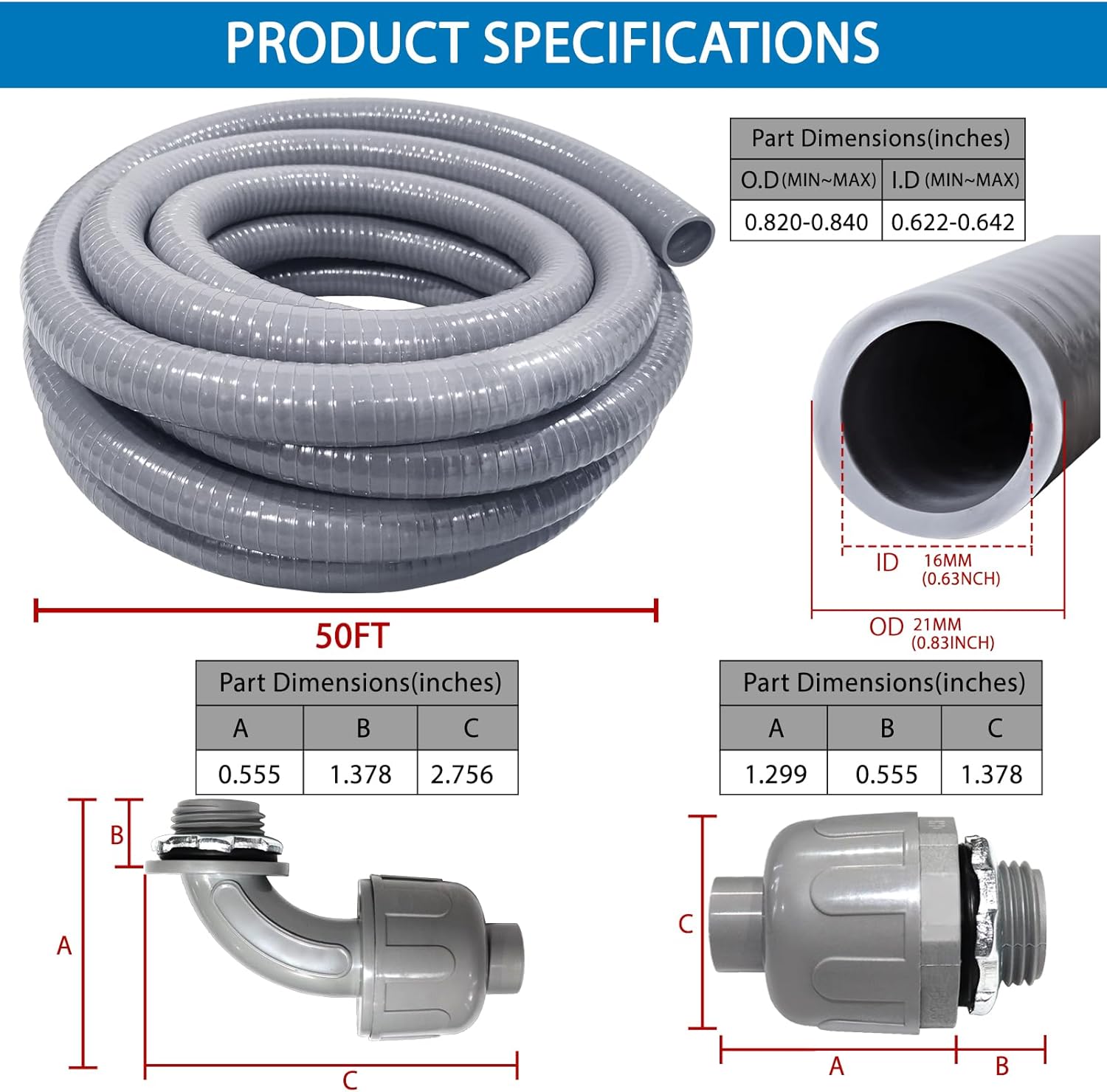 Liquid-Tight Conduit 50 ft and 8 Pieces of Connector Kit,Electrical Conduit 1/2 Flexible Non Metallic Conduit UL Certification,Flexible Conduit with 5 Straight and 3 Degree Conduit Connector Fittings