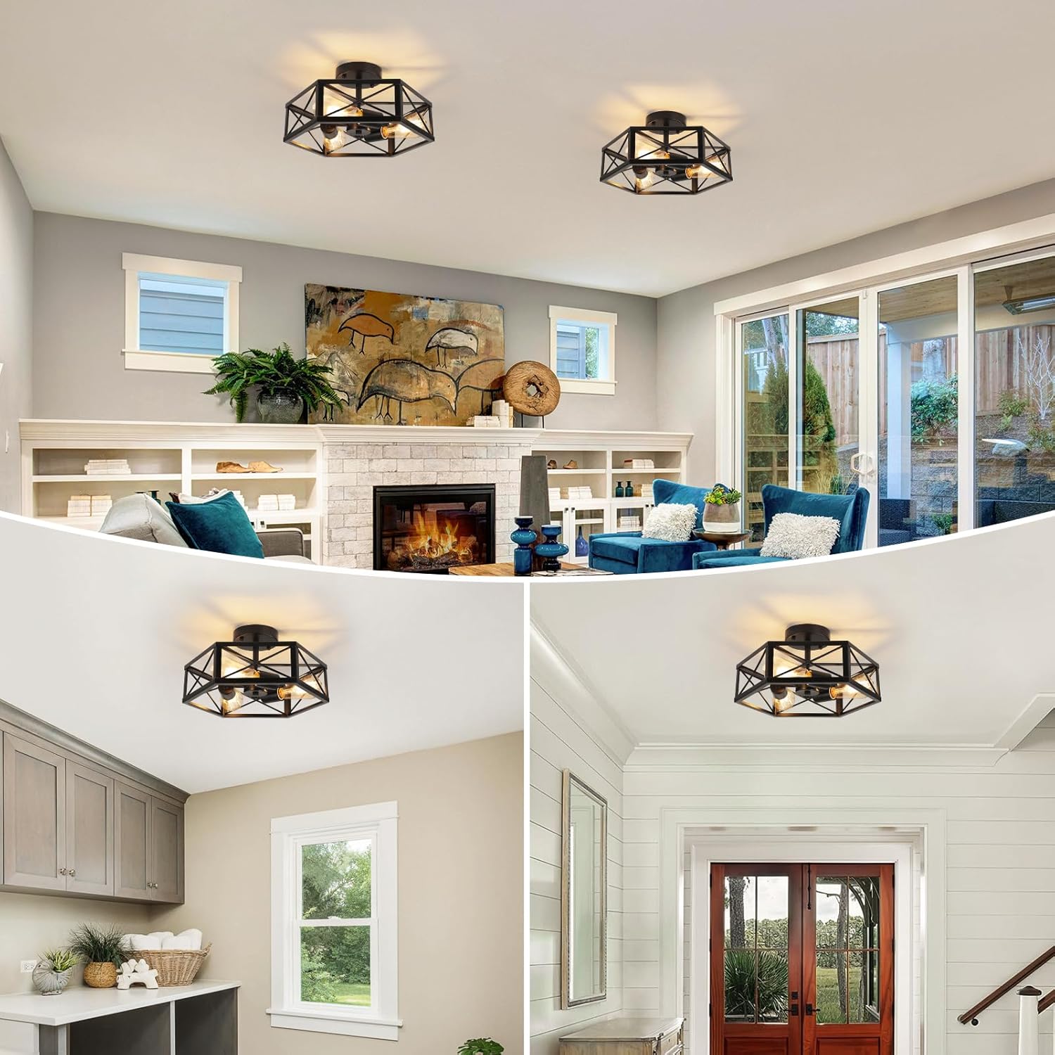 WILON Black Flush Mount Ceiling Light for Kitchen Hallway - 3-Light Industrial Close to Ceiling Lighting Farmhouse Metal Cage Light Fixtures Ceiling Mount for Foyer Kitchen Living Room(E26 Socket)