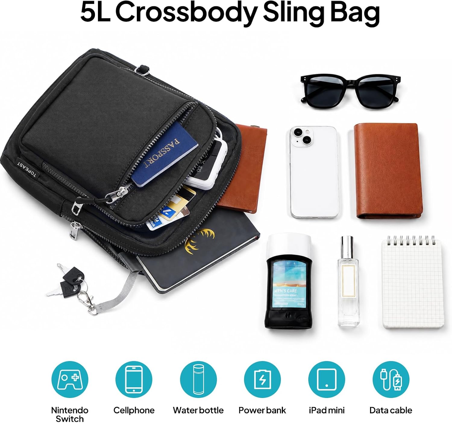 TOPEAST Anti-Theft Crossbody Bag with Water Bottle Pocket