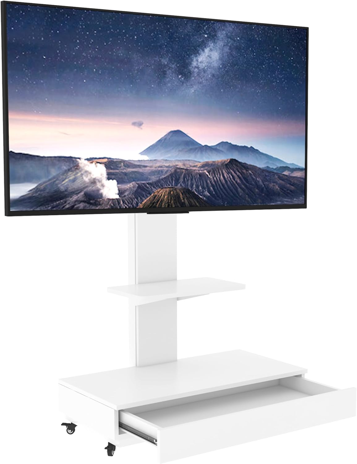 引き出し付き 可動式TVスタンド 32-75インチ対応 高さ調整可能 木目&amp;ガラス製 キャスター付き リビング・寝室・オフィ