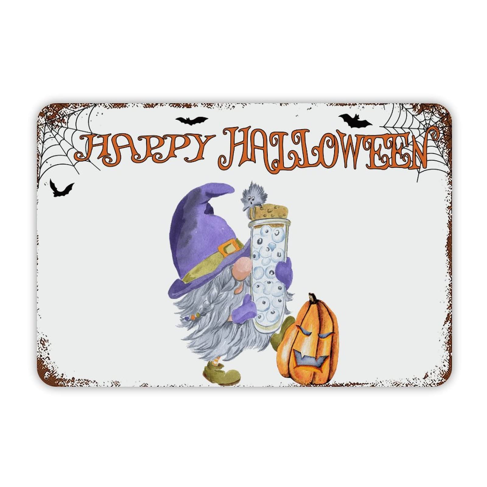 ENEDNATE Happy Halloween Gnome Pumpkins Aluminum Tin Metal Sign for Indoor Outdoor Business Retail Store Patio Yard Home Decoration Easy to Mount Wall Art Print Poster 8x12 Inch