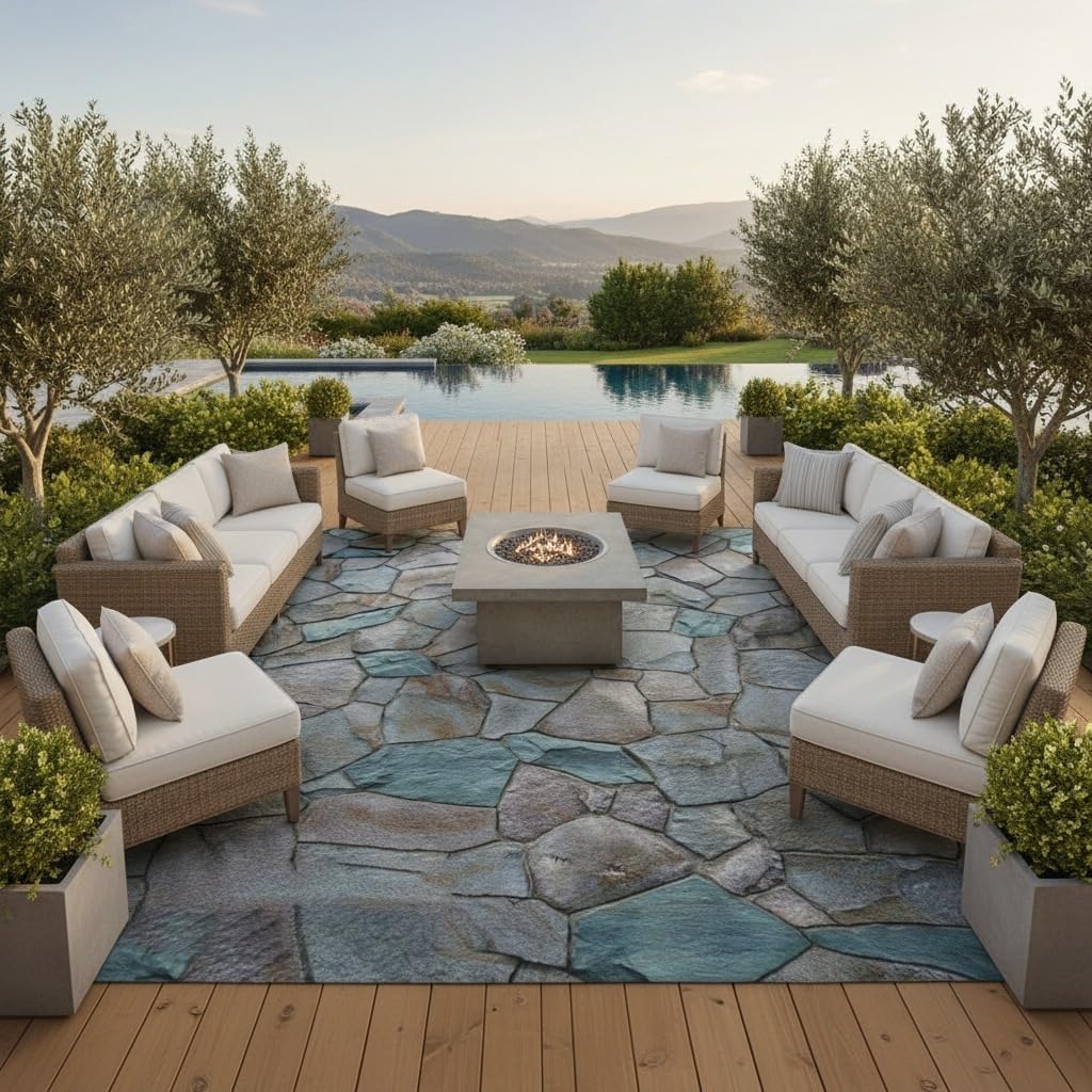 Grey Area Rug Outdoor Stone Textures Washable 4x6 feet Large Rugs for Porch Patio Pool Kitchen Washable Durable Non Slip Outside Carpets Waterproof Natural Home Decor Carpet in Garden Pool Backyard