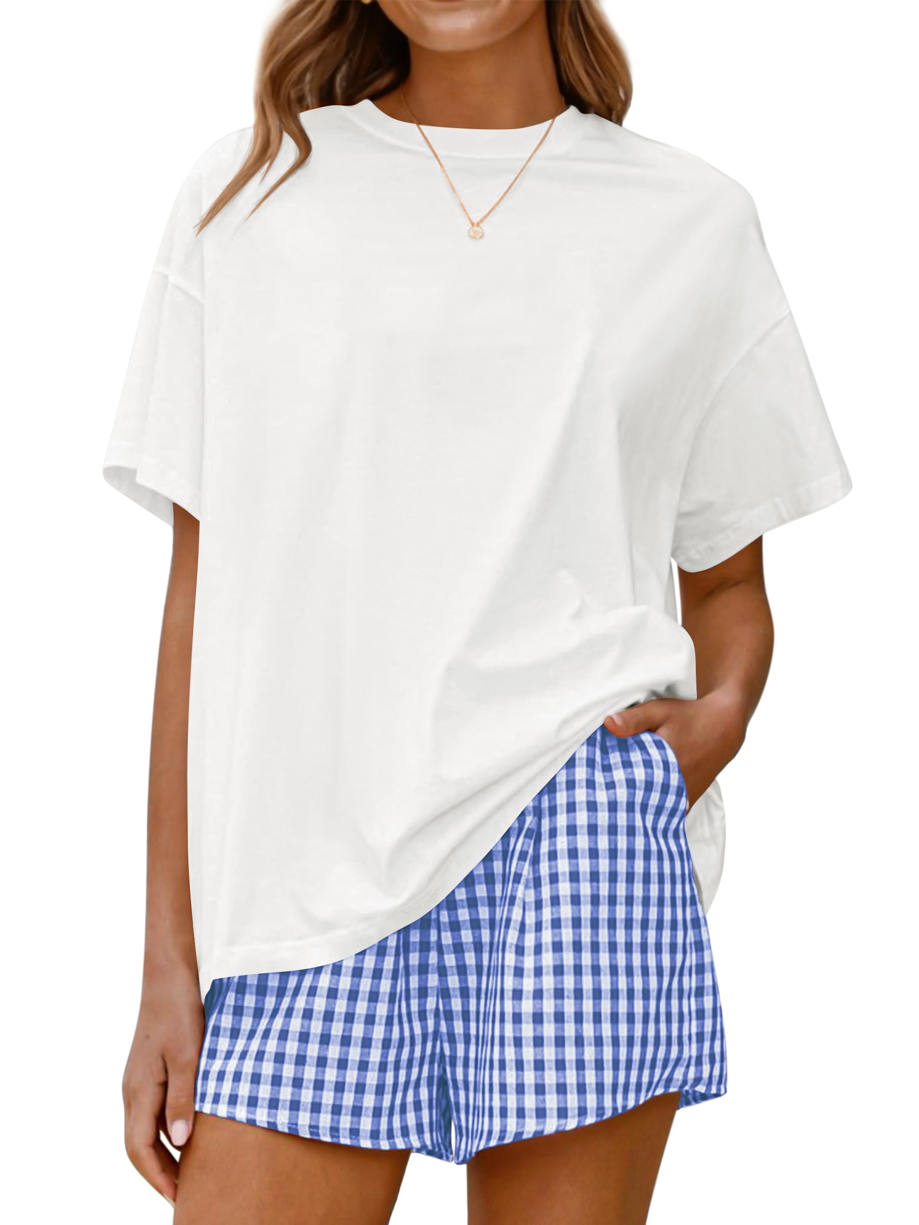 LOGENE Women Two Piece Lounge Pajamas Set Oversized T-Shirts &amp; Boxer Plaid Shorts 2026 Summer Casual Loungewear Comfy Outfits