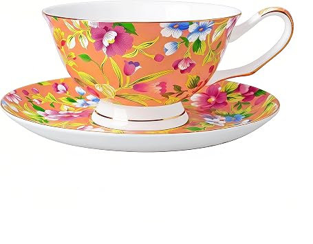 Bone China Teacup and Saucer Set, 7 oz Floral Tea Coffee Cup with Saucer