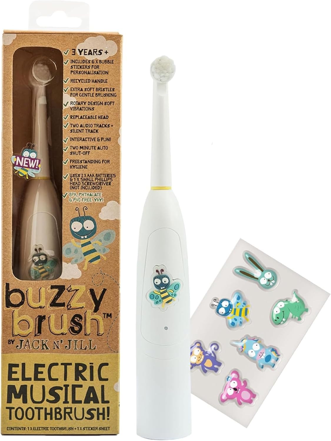 Jack N' Jill Kids Buzzy Brush Electric Musical Toothbrush - Kids Electric Toothbrush Age 3 And Up, Singing Toothbrush, Tri Color LED, Water Resistant, Child Safe, Battery Operated - (Pack of 1)