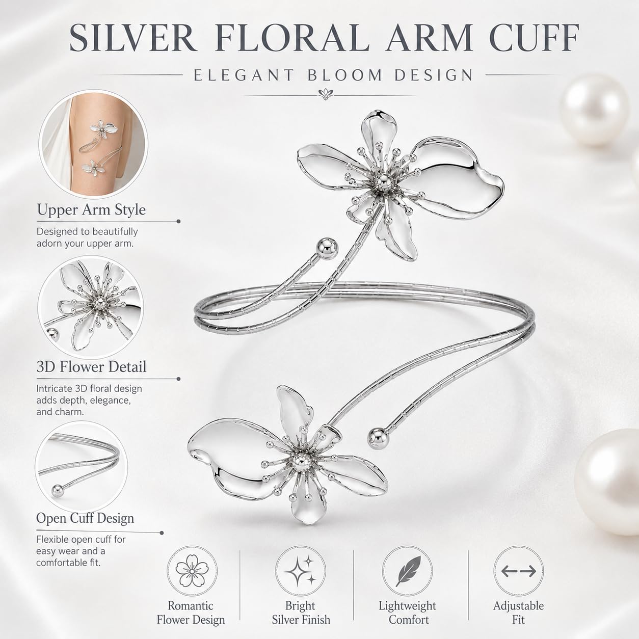 72ore Flower Arm Cuff Upper Arm Jewelry for Women Adjustable Bangle Bracelet Gold Armband Spring Dresses Accessories