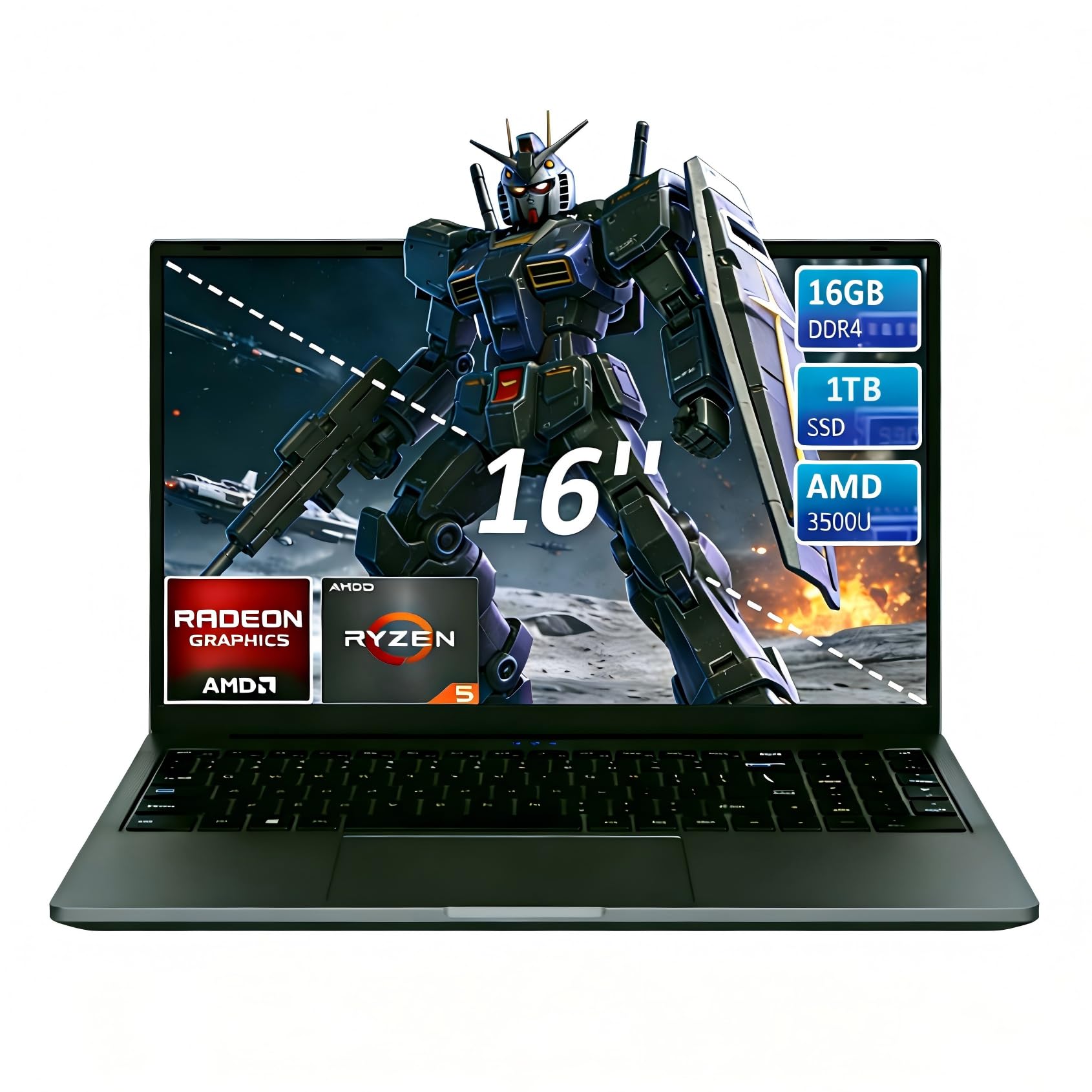 CYCLUS 16 Pulgadas Ordenador Portátil Gaming Laptop R5 3500U Processor (2,1 a 3,7 GHz 4C/8T), Vega 8 Graphics, 16GB RAM 1TB SSD, Teclado retroiluminado/Webcam/Tipo-C, incluye una cubierta teclado