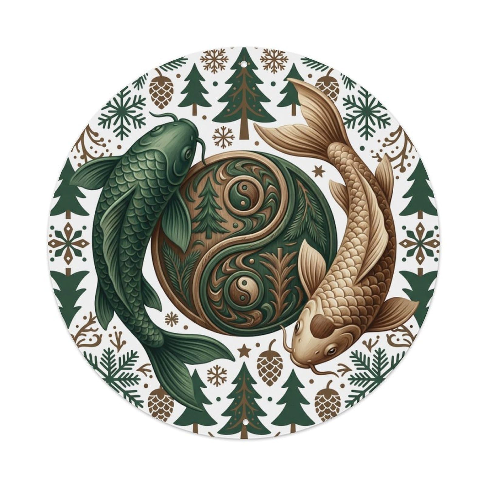 Metal Tin Sign Tai Chi Koi Fish Spruce Tree