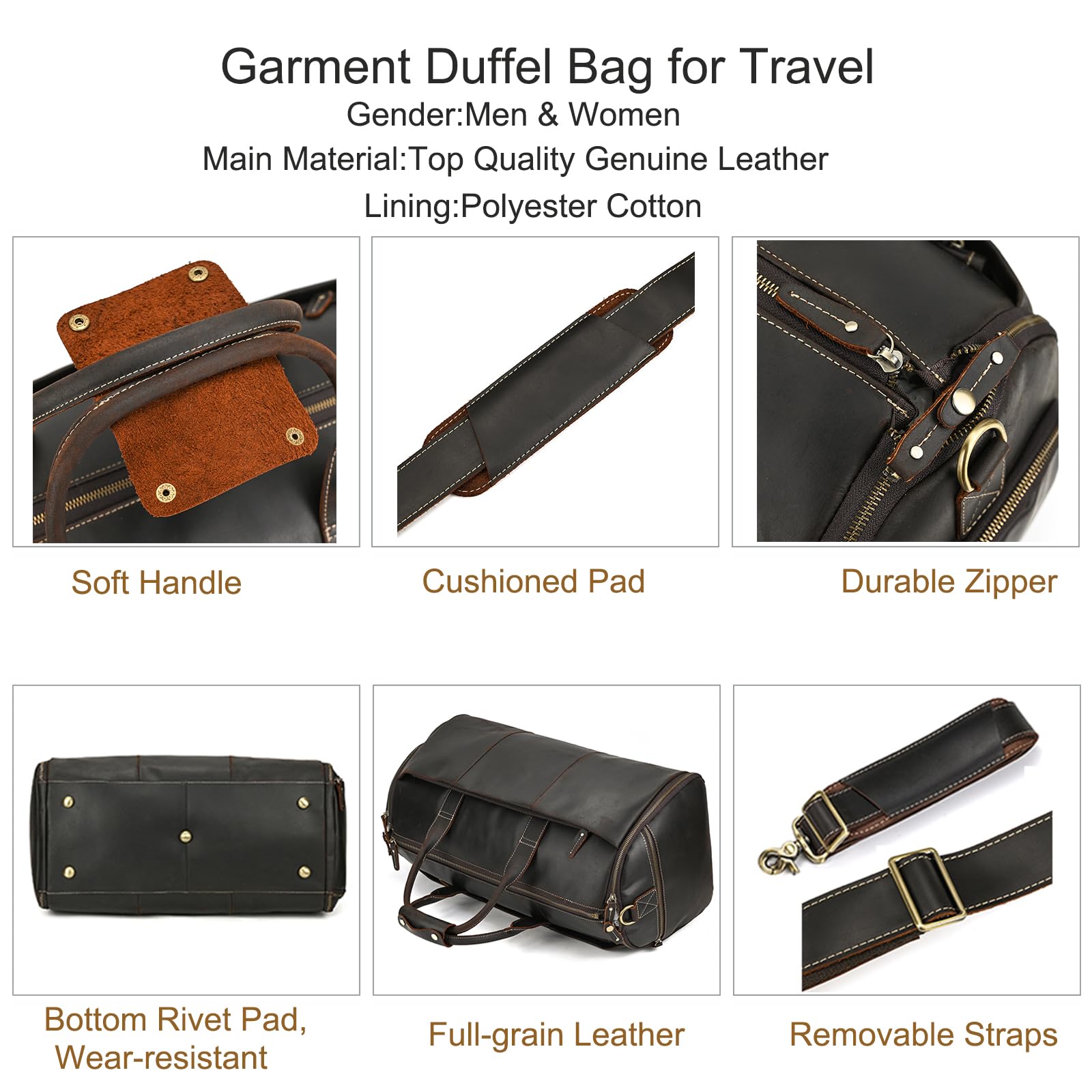 LUUFAN Borsa da viaggio in pelle pieno fiore Borsa porta abiti di grande capacità con scomparto per le scarpe, borse da viaggio Overnight Gym Sports Duffel Bags per gli uomini, marrone scuro