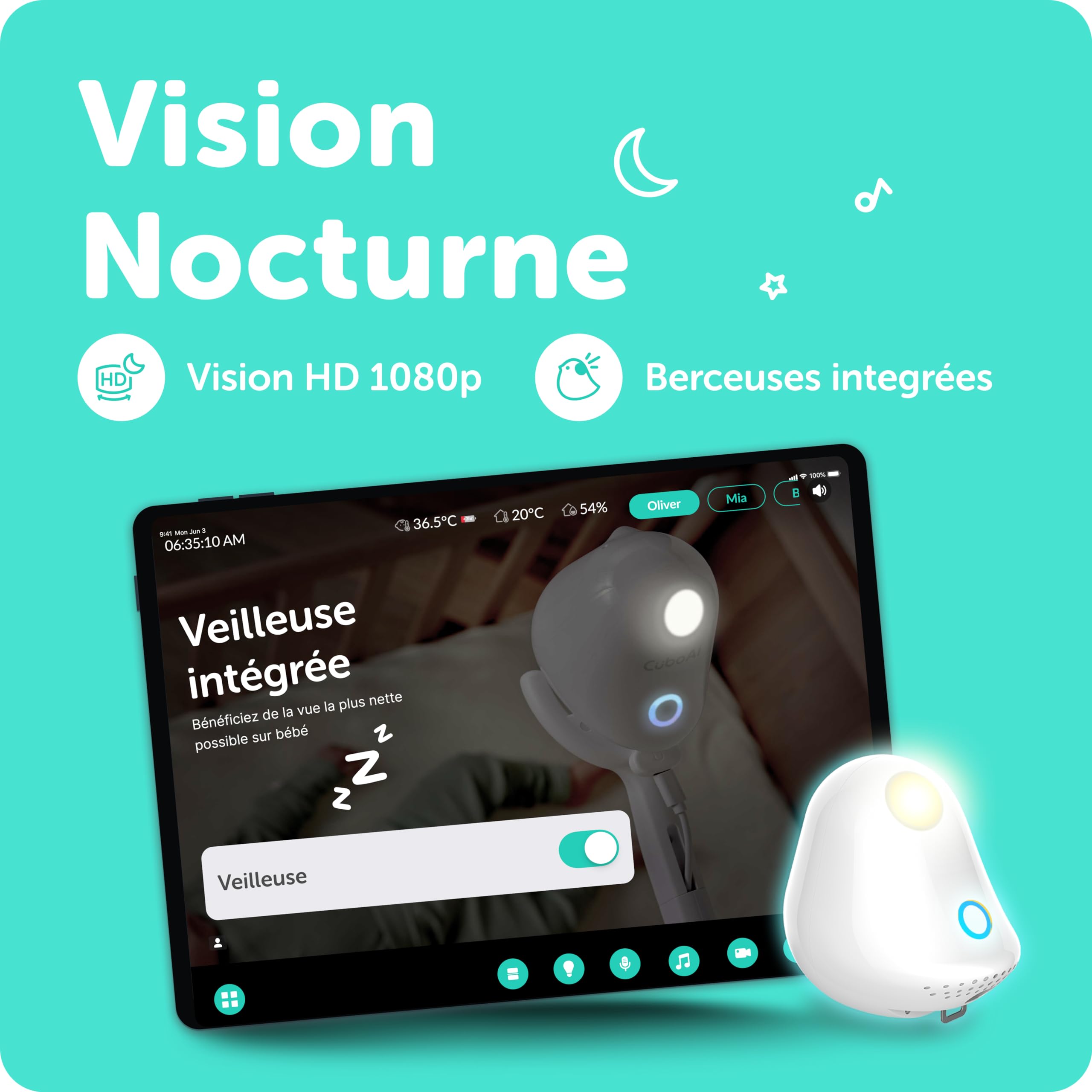 Cubo AI Babyphone Intelligent et 3 Supports | Caméra WiFi Vision Nocturne 1080p HD avec alertes I.A. pour la sécurité de bébé, Analyses du Sommeil, Audio bidirectionnel | iOS, Android