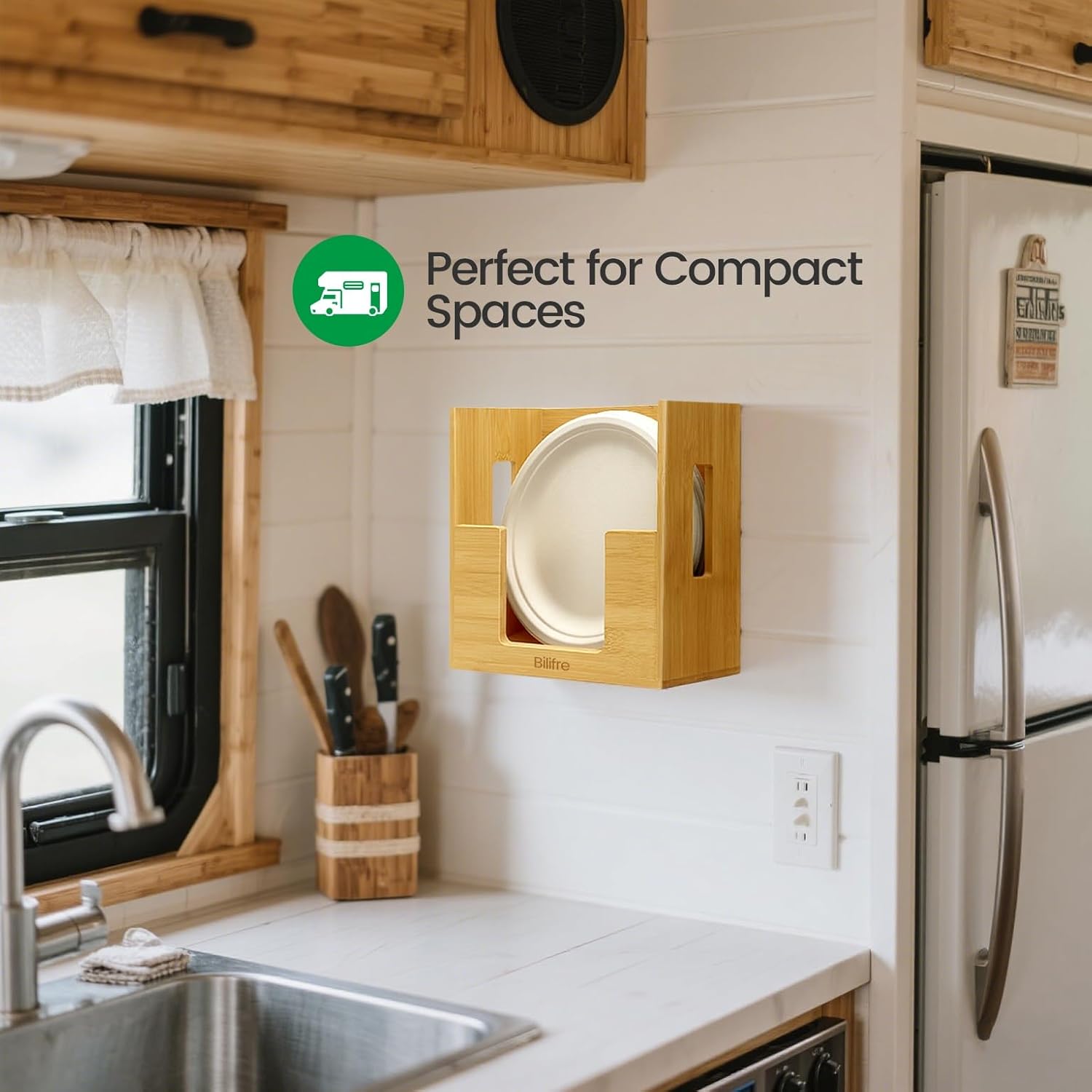 Bamboo 8-10" Paper Plate Holder – High-Capacity Vertical Dispenser, Easy Access Storage for Disposable Plates, No-Drill Wall & Cabinet Mount for Kitchen, Pantry, Office, Party