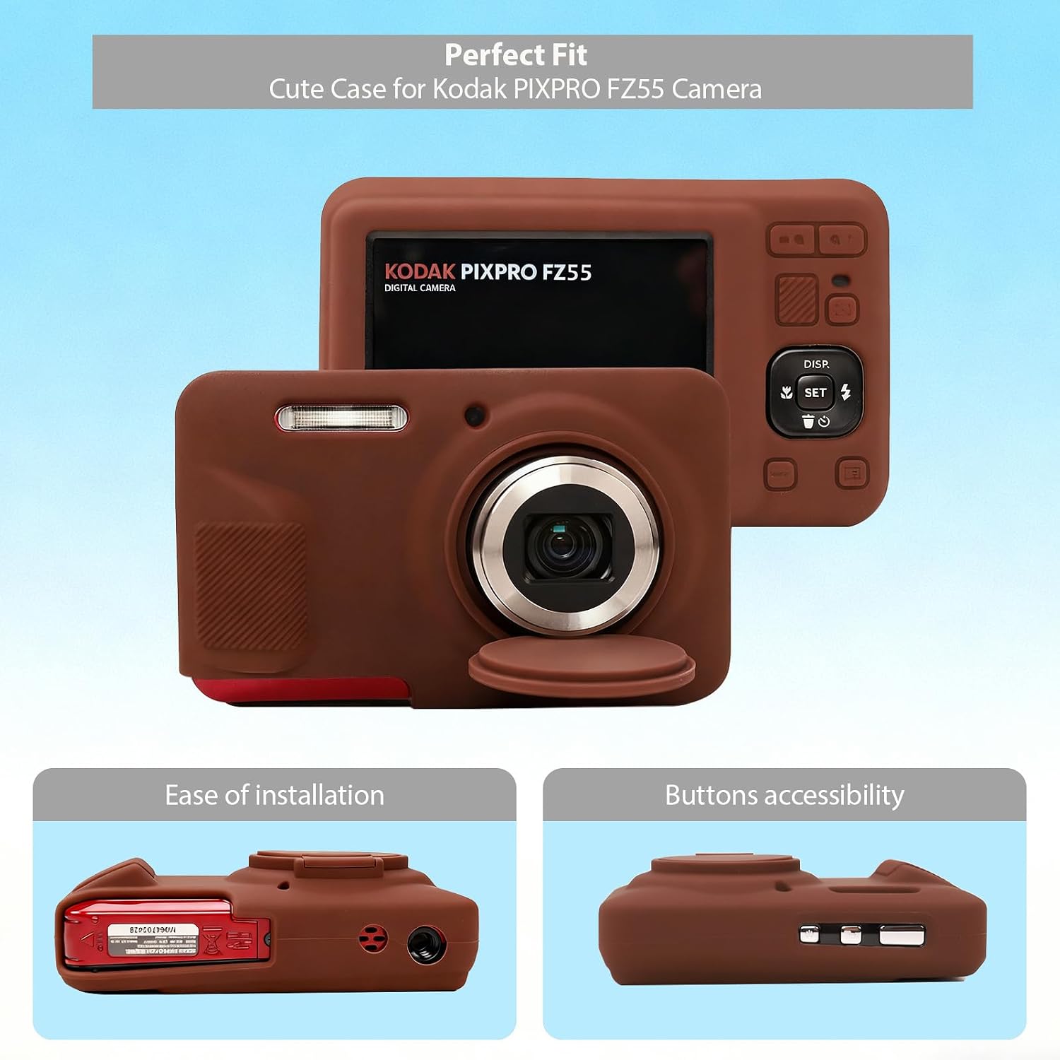 Case for Kodak PIXPRO FZ55 Digital Camera Accessories, Soft Silicone Protective Case, Slim Fit Sleeve with Removable Lens Cover and Screen Protector, Lightweight, Anti-Scratch (Dark Brown)
