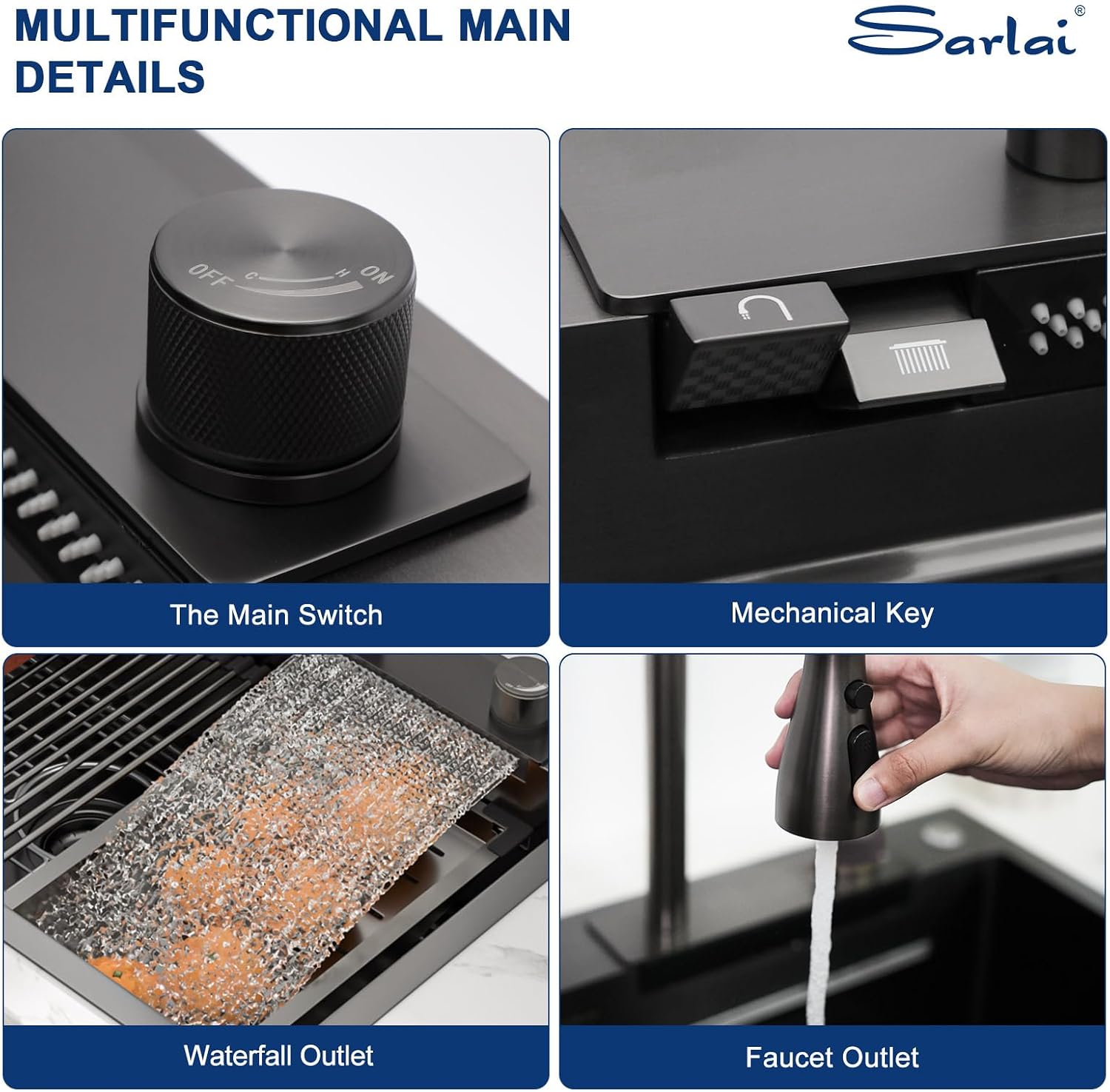 Sarlai Waterfall Kitchen Sink - 33 Inch Drop In Workstation Sink With Waterfall Black Stainless Steel 16 Gauge Multifunction Single Bowl Smart Top Mount Kitchen Sinks with Mechanical Keys 33x19x9 Inch thumbnail