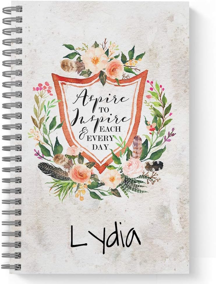 Gotcha Covered Notebooks Aspire to Inspire Personalized Notebook/Journal, Laminated Soft Cover, 120 pages of your selected paper, lay flat wire-o spiral. Size: 5.5” x 8.5”. Made in the USA