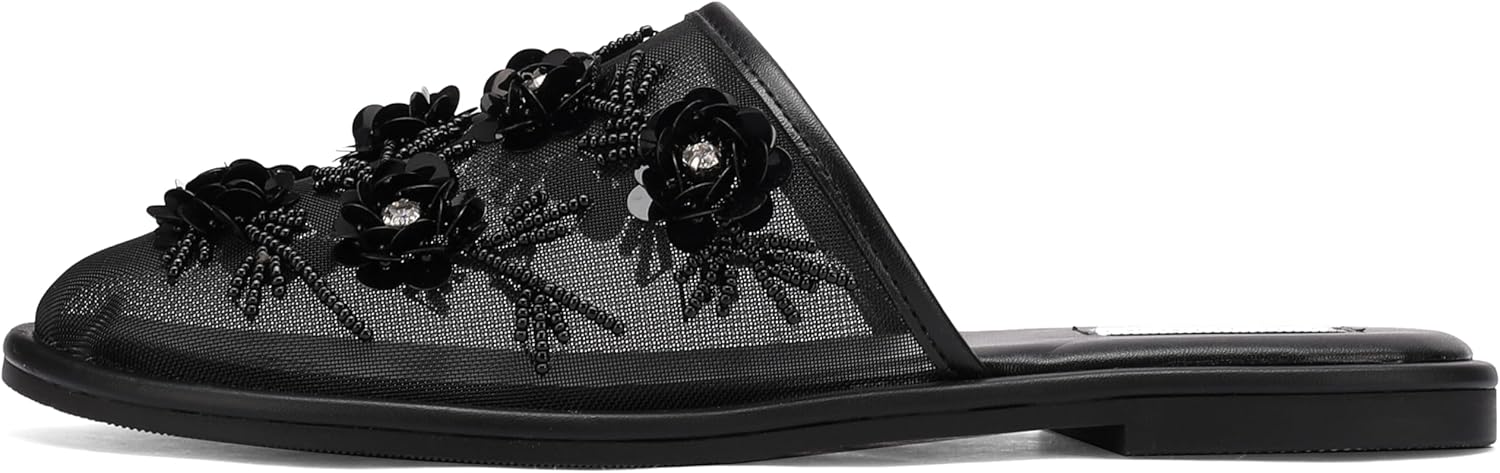 Women's Mesh Flat Slippers Slip-On Slide Sandals with Sequin Floral Chinese Slippers - Image 3