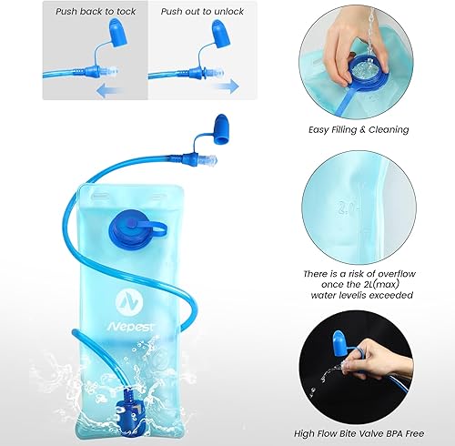Miniatura 5 de Nepest Mochila de hidratación con bolsa de agua de 2 L para ciclismo, mochila de agua para senderismo, correr, mochila de hidratación ligera
