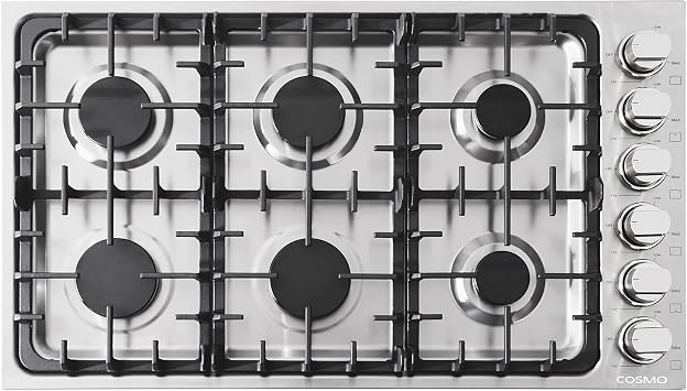 COSMO COS-DIC366 Drop-In Gas Cooktop with 6 Italian Made Sealed Burners, Cast Iron Grates, Metal Knobs, Liquid Propane Convertible, 36 inch, Stainless Steel