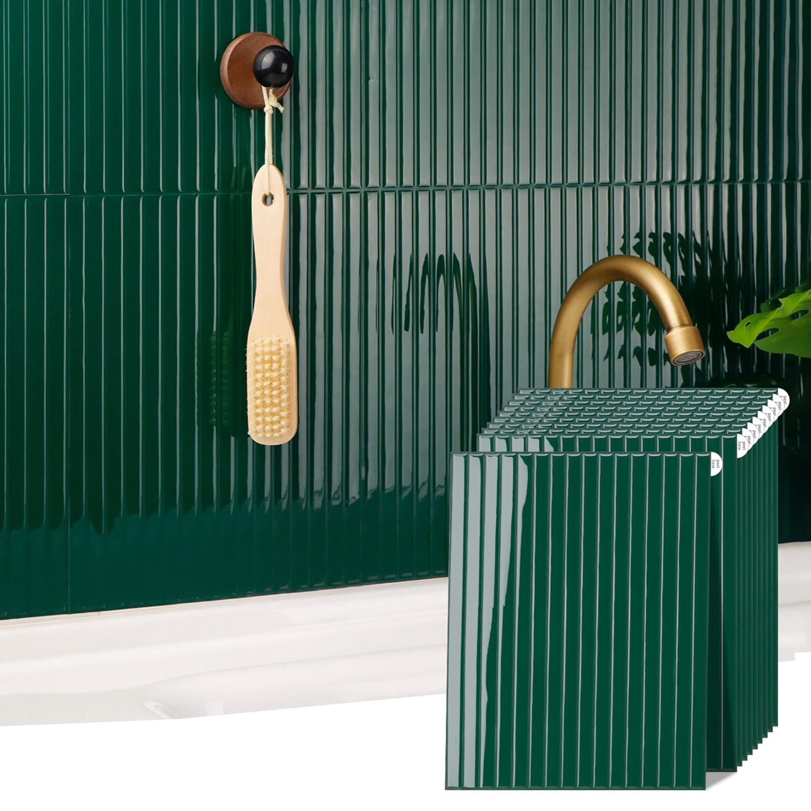 Backsplash Tile Peel and Stick, Self-Adhesive Green Decorative Wall Tiles for Kitchen, Modern Glossy Slatted Design Backsplash Tiles for Kitchen, Bathroom, RVs (11.43x9 inch)