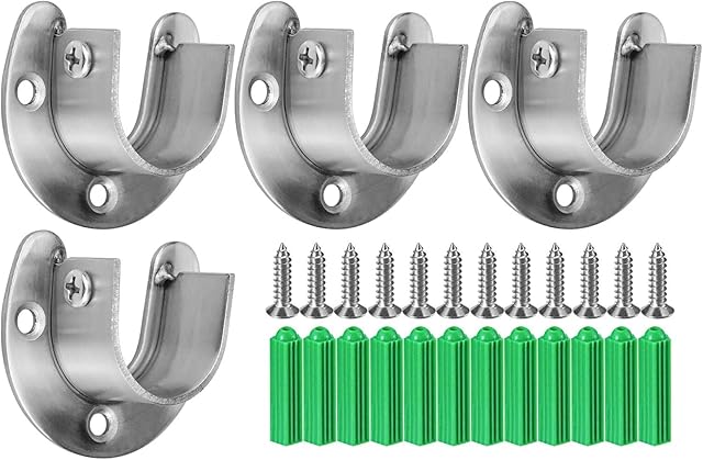 4 Pack 31mm Stainless Steel Adjustable Closet Pole Sockets, Heavy Duty Closet Rod Bracket End Supports U Shaped Flange Rod Holder with Screws for Wardrobe Bracket Shower Curtain Rod Flange Socket Kit