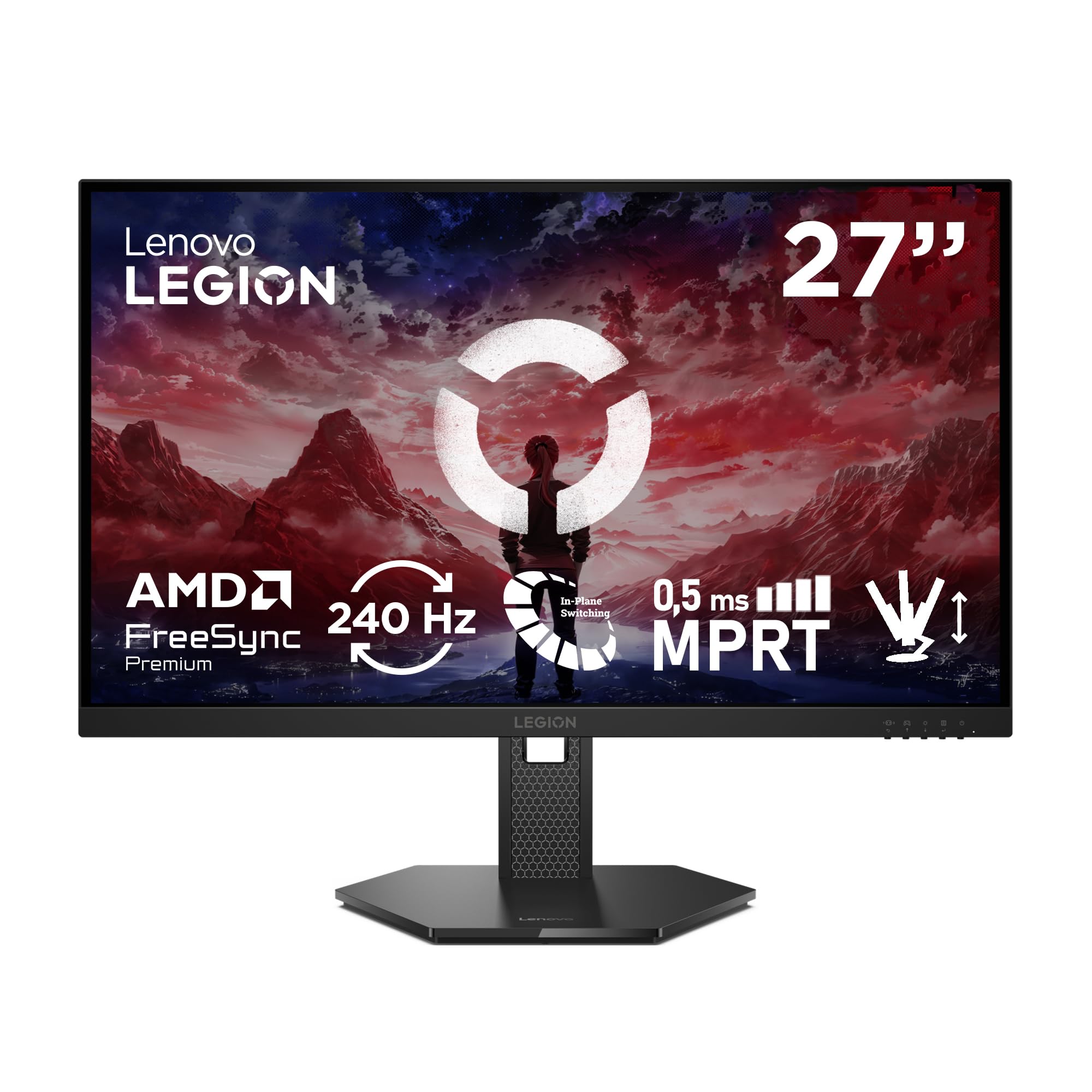 Lenovo Legion 27-10 Monitor Gaming FHD 27" (IPS, 240 Hz, 0.5 ms, 16:9, HDMI 2.1 - DP 1.4, AMD FreeSync Premium, VESA Adaptive Sync, Montaje VESA 100 mm, Ajuste Inclinación/Altura/Pivote/Giro) Negro