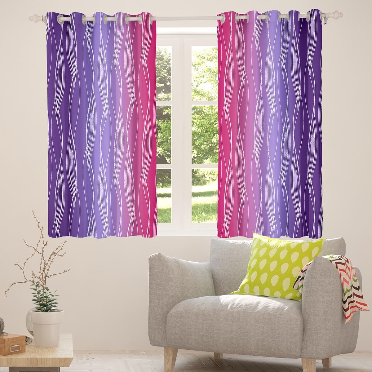 Homewish Abstract Ombre Blackout Curtains 46" Wx54 L Red Purple Gradient Curtains & Drapes Geometric Silver Striped Window Curtains For Bedroom Aesthetics Wavy Line Window Treatments 2 Panels - Image 4
