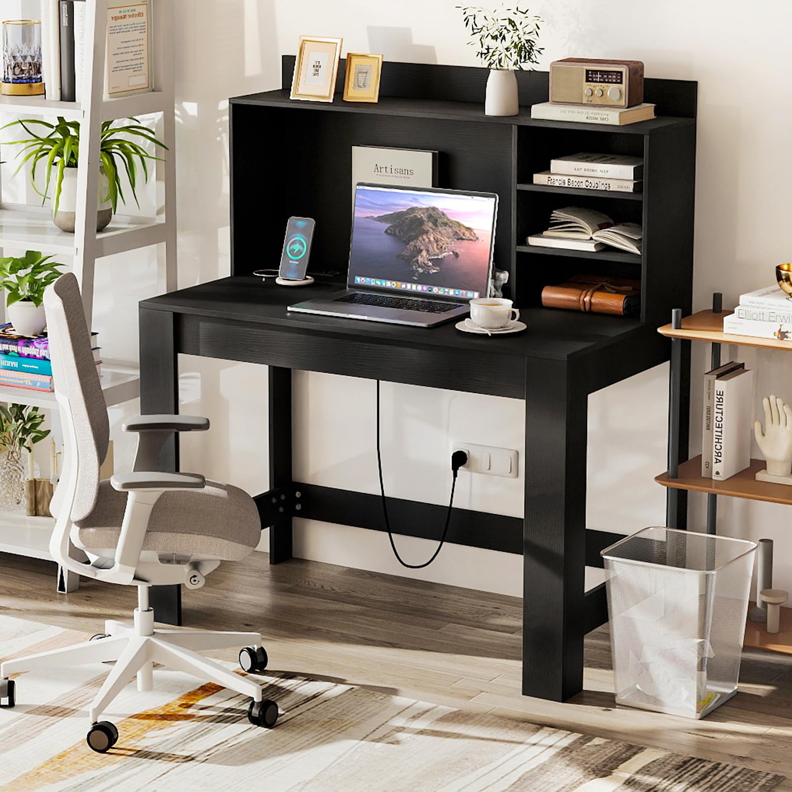 COSTWAY Escritorio con Estantería 108 x 60 x 125 cm, Mesa Escritorio con Enchufes y Agujero para Cables, Tocador Dormitorio Oficina Despacho (Negro)