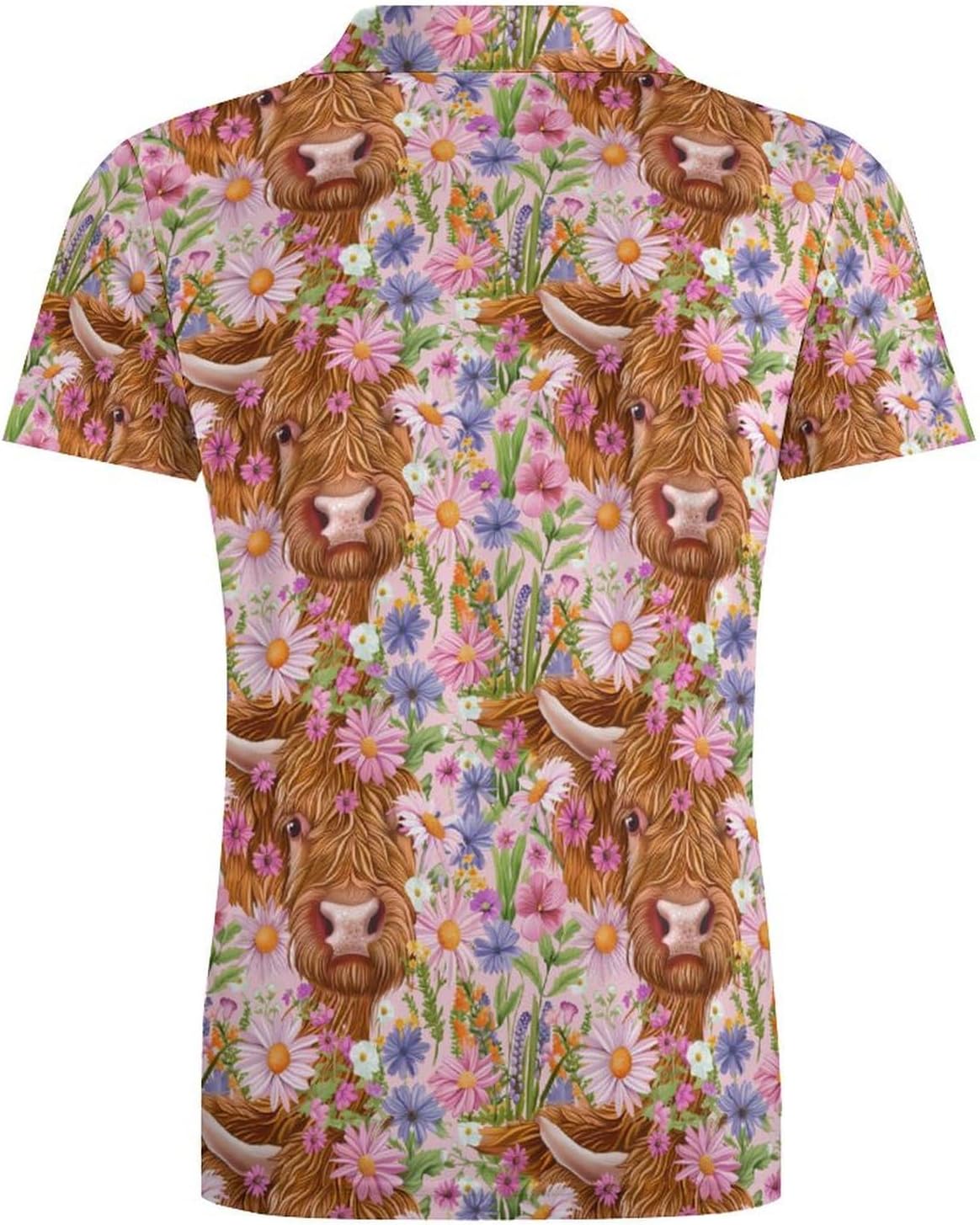 Flowers Highland Cow Novelty Men's Short Sleeve Shirt Golf Tennis Shirts Work T-Shirt Sport Tee