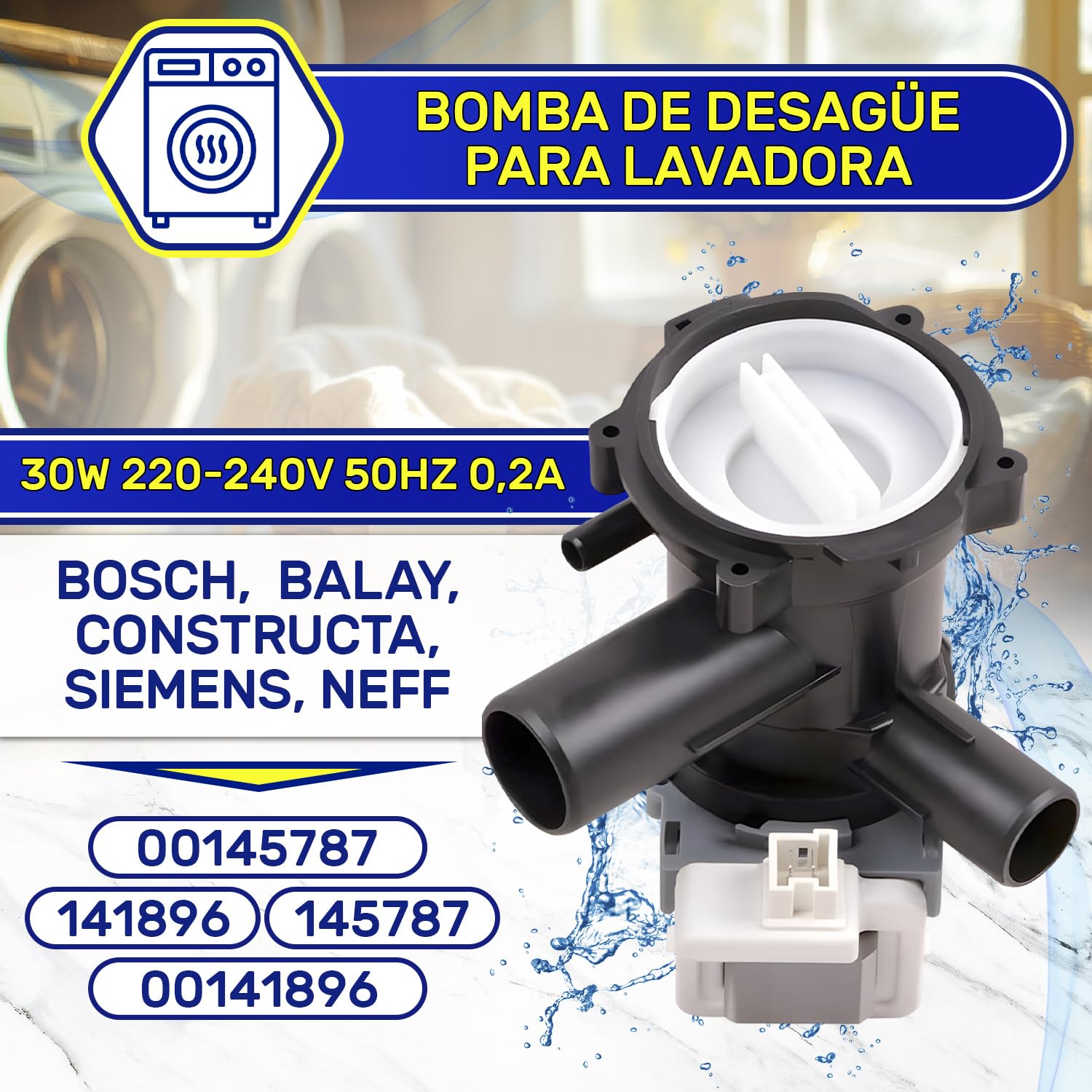 Bomba de Desagüe Lavadora 30W 220-240V 50HZ 0,2A con Número Original 141896 00141896 145787 00145787 para Bosch para Siemens - Garantía de 10 Años - MONTERAL