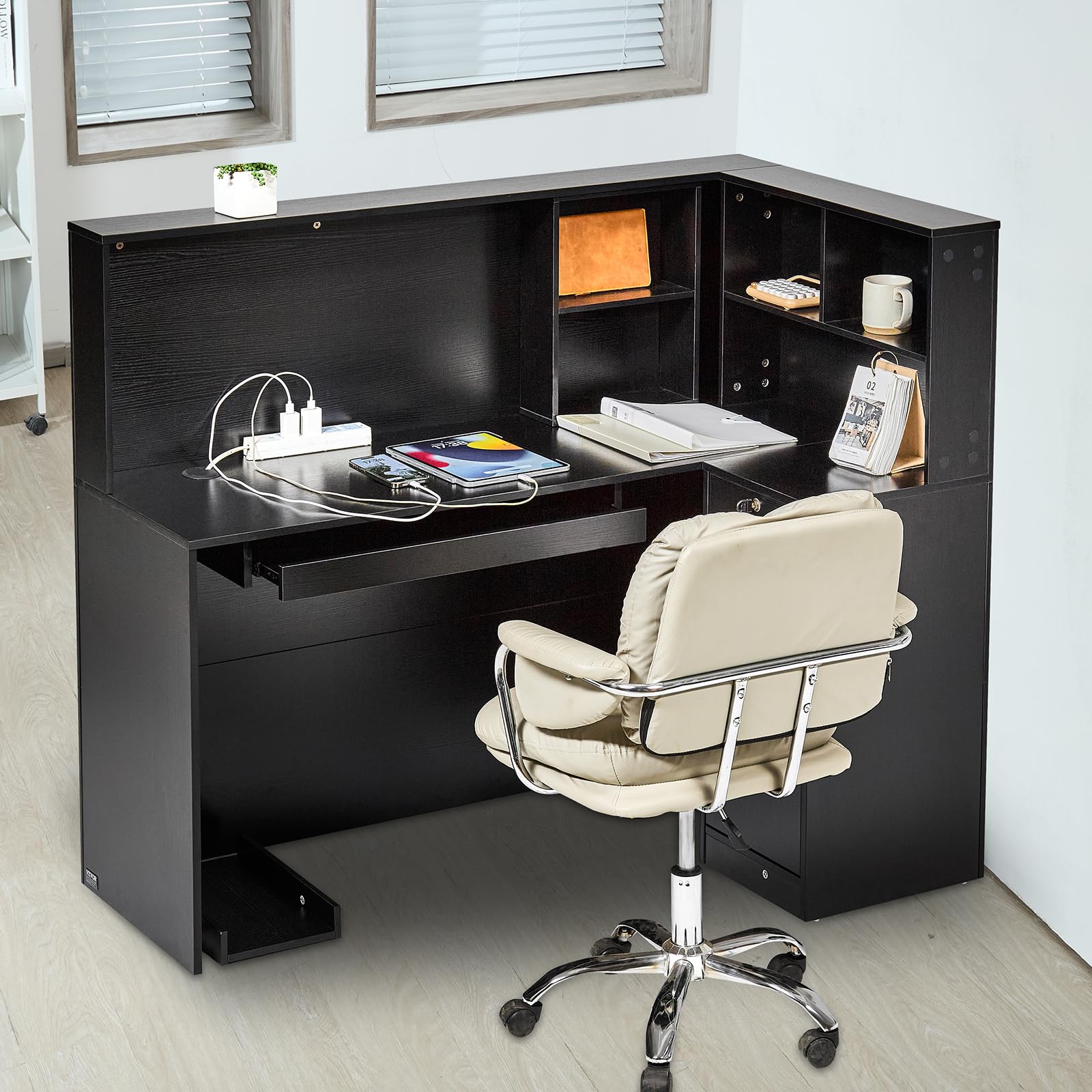VEVOR Banco Reception 1600 x 600 x 1110 mm Tavolo da Banco Rettangolare, Tavolo di Vendita per Ufficio con Luce a LED, per Registratori di Cassa, Hall, Saloni di Bellezza e Uffici, Nero e Marrone