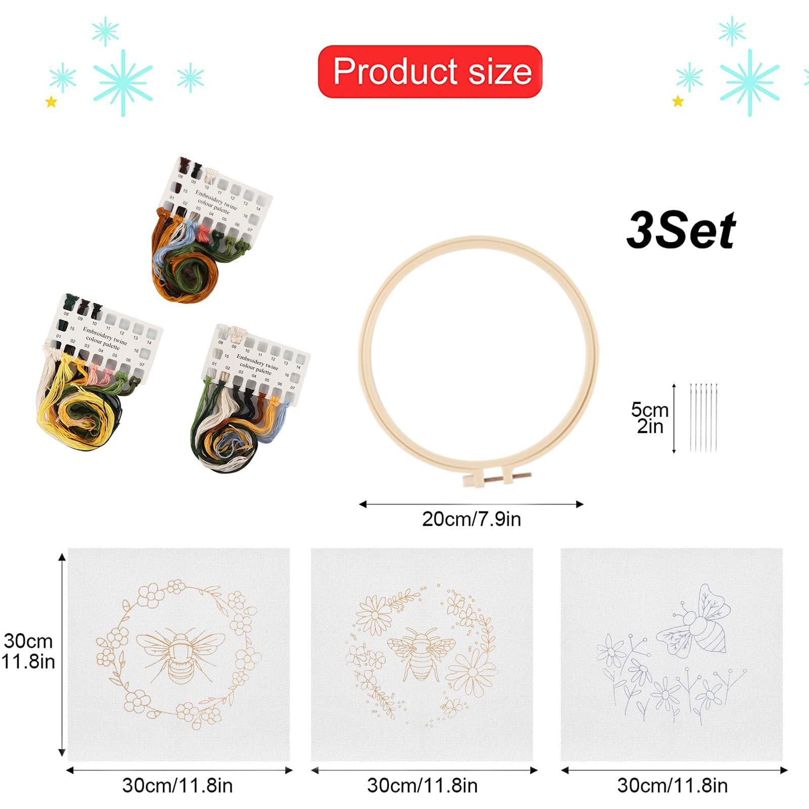3 set di ricamo Starter Kit con motivo e istruzioni, fai da te per principianti, 3