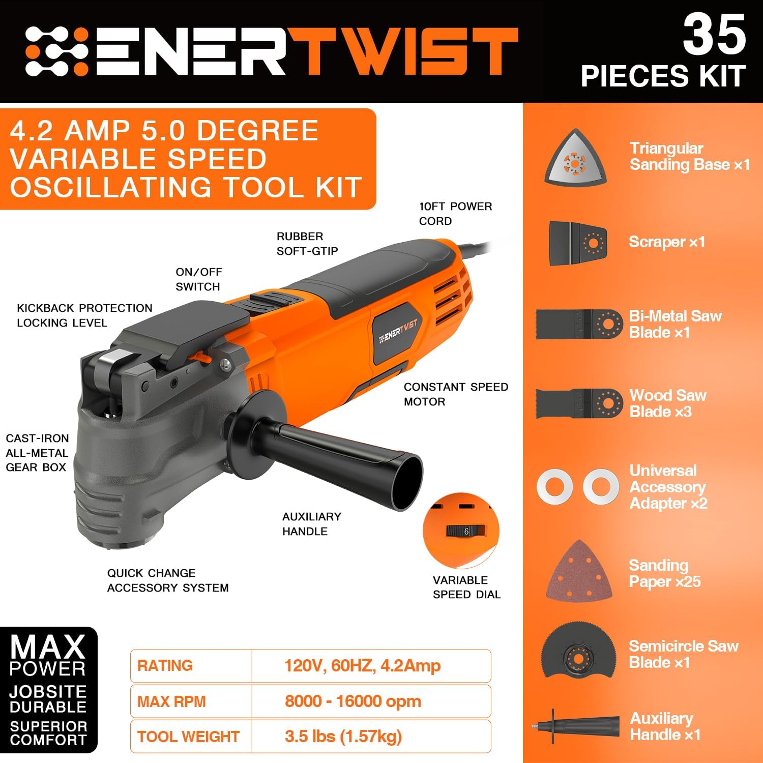 ENERTWIST 4.2 Amp Oscillating Multitool Kit with 33 PCS Saw Accessories photo 8