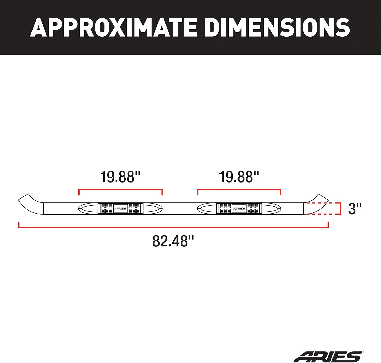 Diagram showing approximate dimensions of ARIES nerf bar.
