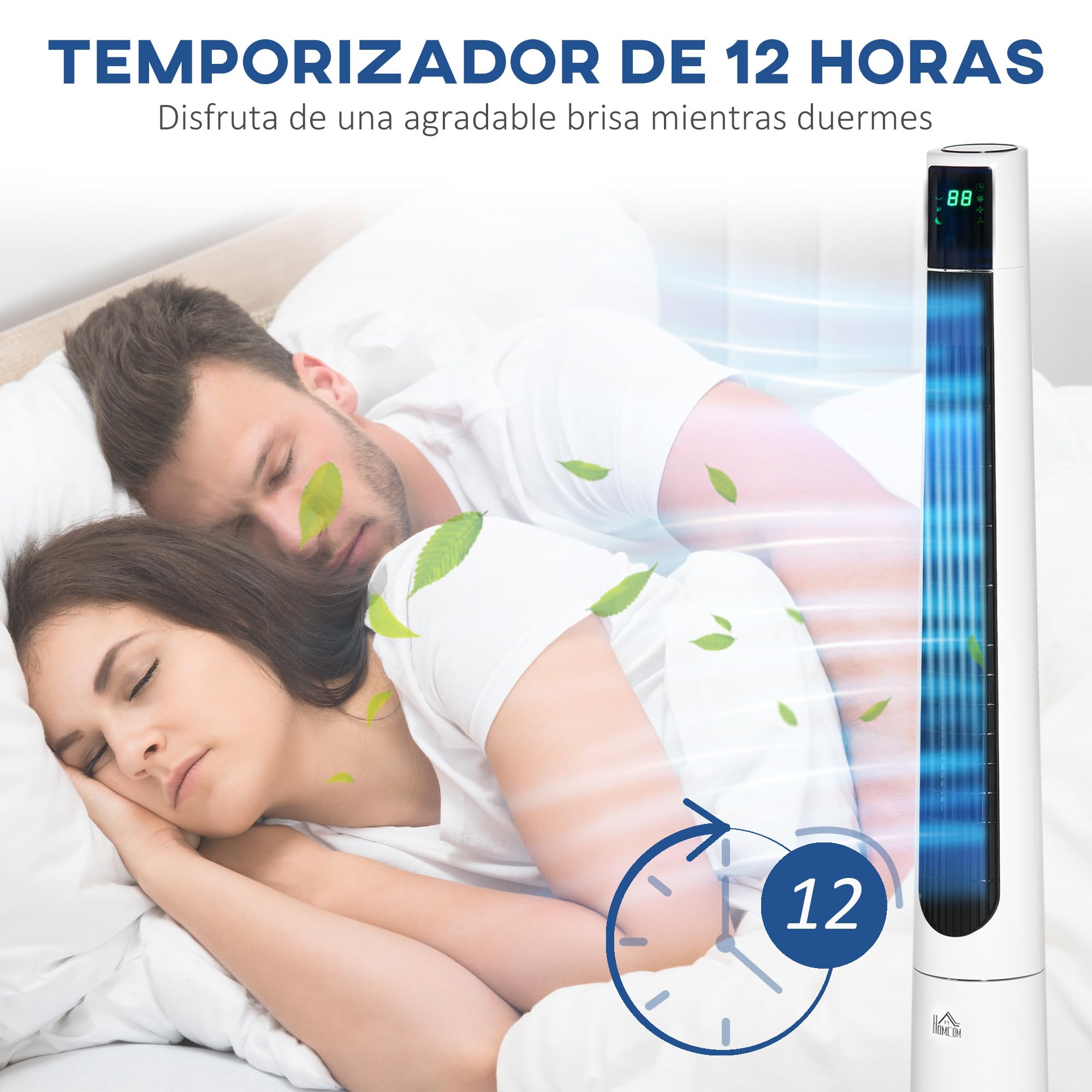 HOMCOM Ventilador de Torre Ventilador de Pie 50W Ø32x118,2 cm Blanco | Silencioso con Control Remoto, 3 Velocidades, 3 Modos, Temporizador 12H, Oscilación 40°, Pantalla LED, para Hogar y Oficina